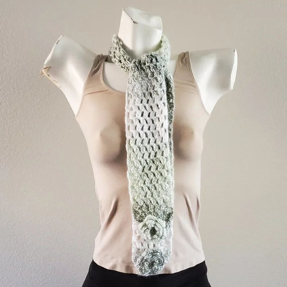 BOGO Scarf Sale - Hand Crafted ombre green and white with flowers crochet scarf